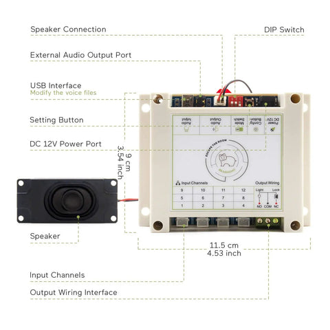 Control board for Next Level Four Color Metal Button Props With 12V Magnetic Lock showing ports and connections for exit room games