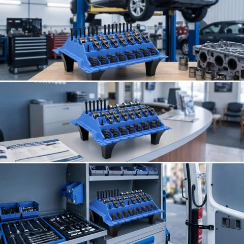 Beefy Parts Organizer Stand With Legs For Mechanics, Slotted Engine Parts Tray in a workshop setting