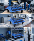 Parts Organizer Stand With Legged Base Slotted Engine Parts Tray for mechanics on workbench with tools and components.