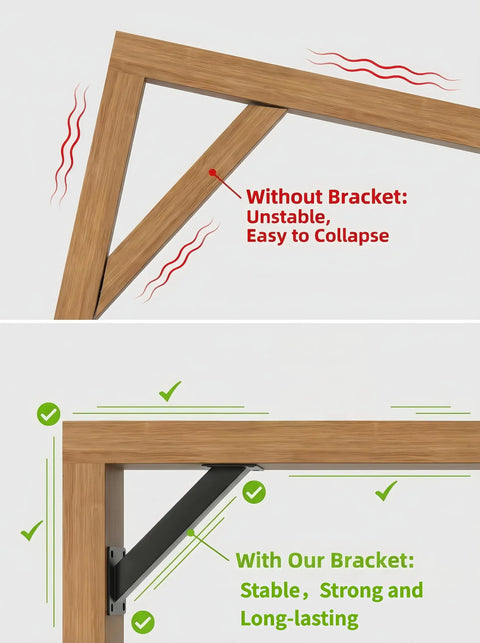 Comparison showing wooden structure with and without Heavy Duty Pergola Brackets Kit 8Pc Steel Corner Connectors 45 Degree Angle Supports For Wooden Structures Like Treehouses Gazebos Patios Cabins And Decks Built To Last In Any Weather Tough As Nails Rust Resistant Outdoor Build highlighting stability and durability.