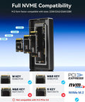 Premium M2 NVMe SSD Enclosure With Built In Cooling Fan Thunderbolt 5 4 3 And USB4 Compatible showing M.2 compatibility sizes 2230 to 2280.