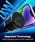 Road Ready 24W USB C Car Charger Featuring Slick Aluminum Housing And Snappy PD 3.0 Plus QC 3.0 Fast Charging For RVs Trucks And Sedans Dash Outlet Plug And Play Power Hub with dual USB ports and modern design.