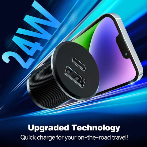 Road Ready 24W USB C Car Charger Featuring Slick Aluminum Housing And Snappy PD 3.0 Plus QC 3.0 Fast Charging For RVs Trucks And Sedans Dash Outlet Plug And Play Power Hub with dual USB ports and modern design.