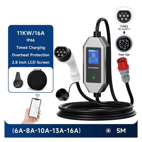 Portable Ev Charger 11kw 16amp Type2 To Gbt Evese Station with cable and LCD screen for easy home and road charging.