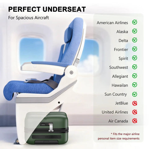 14 Inch Underseat Carry On Luggage With Wheels under airplane seat, TSA Approved Hardshell Cabin Bag For Short Trips, green