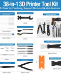 Front view of 38-piece 3D printer tool kit in case with nozzle cleaners, scraper, files, wire cutter, craft knife, wrench, tweezers.