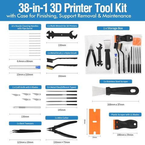 Front view of 38-piece 3D printer tool kit in case with nozzle cleaners, scraper, files, wire cutter, craft knife, wrench, tweezers.