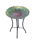 Handpainted Mosaic Flower Fusion Glass Pedestal Bird Bath For Outdoor Patio Garden Backyard Deck Decor, 21 Inch Height In Blue And Purple