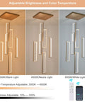 Adjustable brightness pendant light showcasing warm, neutral, and white light settings with remote control.