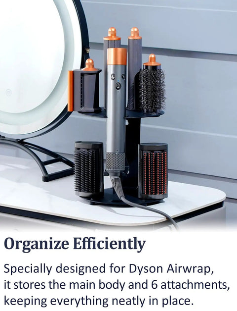 Dyson Airwrap Curling Iron Holder And Attachment Organizer Space Saving Desktop Or Wall Mount Rack for home use on table.