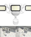 LED Motion Sensor Security Flood Light With 50W 6000LM 6500K IP65 Waterproof 3 Head Exterior Flood Light installed on a wall.