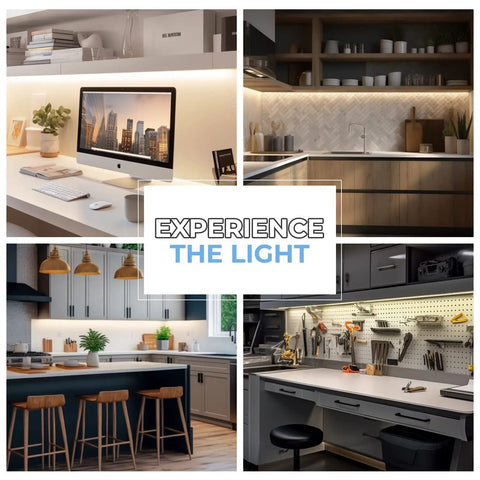 Hand Wave Activated Under Cabinet LED Lighting Kit 3 Pack 7 Inch Dimmable installed in diverse settings like kitchen and garage