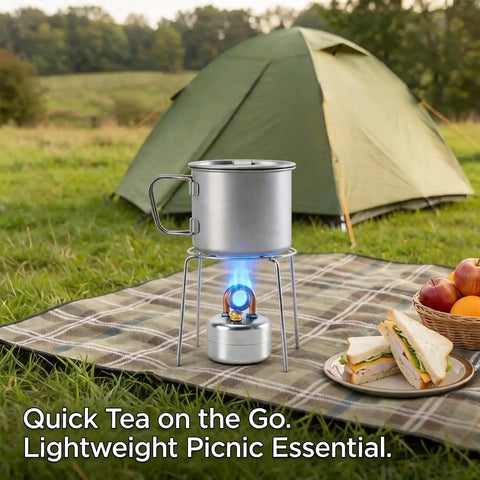 High Power Mini Alcohol Stove Spirit Burner For Camping And Backpacking in use with pot, picnic setup, and tent in background
