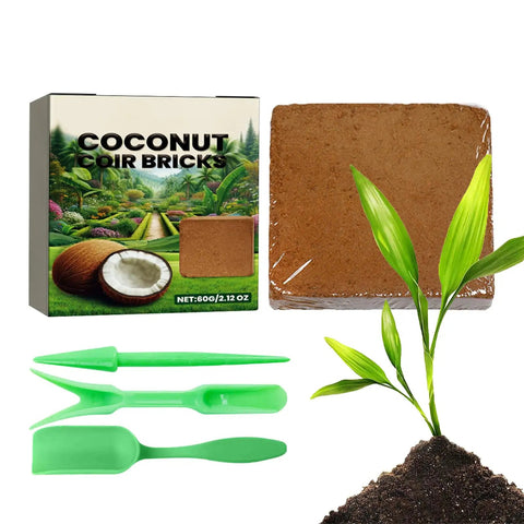 Natural Fiber Compressed Mulch For Indoor And Outdoor Gardens, PH Balanced Potting Soil, coconut coir bricks, tools, plant