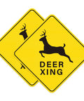 Deer Xing Crossing Sign 12x12, 2 Pack, Engineer Grade Reflective Aluminum, Built Tough Weather Resistant High Visibility Safety Sign for Driveways, Rural Roads, and Deer Rich Areas, two yellow signs