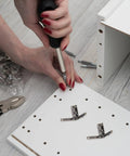 Person installing 12 Pieces 90 Degree 30 By 33 Millimeter Wooden Box Hinges Set For Small Jewelry Boxes on a white wooden surface