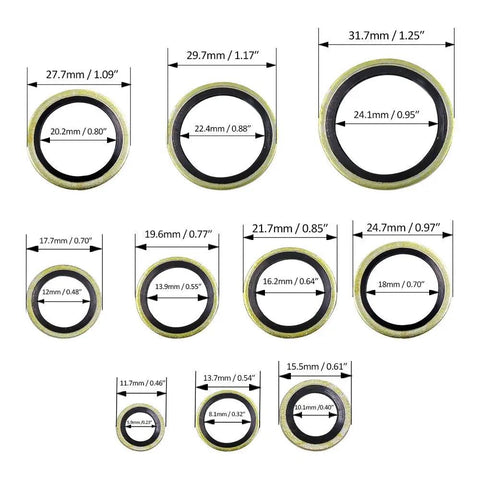 Heavy Duty Dowty Bonded Seal Washer Set For Metric M6 To M24 180-Piece Kit showing 10 assorted sizes with dimensions visible