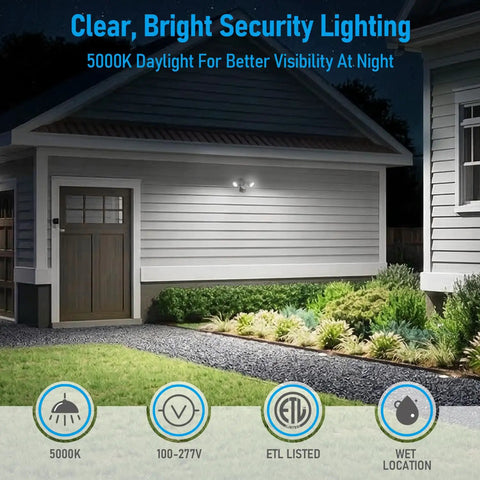 Powerful Outdoor Motion Sensor Flood Light With Adjustable Heads Dusk To Dawn 100 To 277V 5000K Daylight IP65 Aluminum ETL Listed
