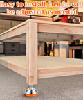 4 Pack Beefy Stainless Steel Leveling Feet, Heavy Hitter Adjustable Shock Absorbing Pads For Industrial Machines, Retail Racks And Furniture, 2.36 Inch Base, Drop Dead Stable Design, shown adjusting a wooden table.