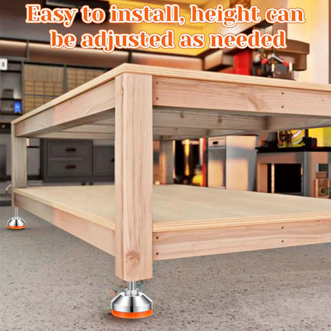 4 Pack Beefy Stainless Steel Leveling Feet, Heavy Hitter Adjustable Shock Absorbing Pads For Industrial Machines, Retail Racks And Furniture, 2.36 Inch Base, Drop Dead Stable Design, shown adjusting a wooden table.