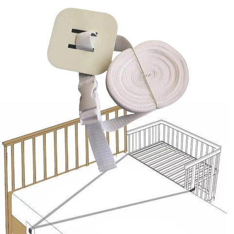 Image of bed frame stabilizer straps for cribs and baby beds adjustable nylon guardrail locks no slip crib strap prevent shifting and slippage easy clip safe nursery sleep.
