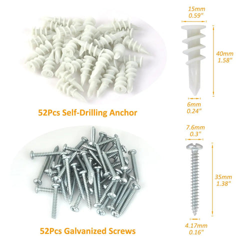 Self Drilling Drywall Anchors Kit 104 Pcs With 52 Self Tapping Plastic Anchors And 52 Screws One And Quarter Inch For Drywall Holds Up To 75 Lb
