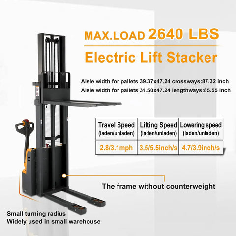 Fully Electric Pallet Stacker Crushing 2640 Pound Loads Like A Badass Workhorse With 98 Inch Max Lift for tight spaces.
