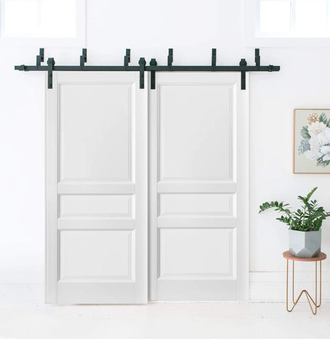 Heavy Duty Barn Bypass Sliding Closet Doors 64 By 96 Inches With No Sweat Installation And Rolls Like Butter, white panels with black hardware.