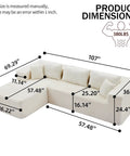 Dimensions of No Fuss 107 Inch Modular Sofa Set Of 2 With Left Facing Chaise, White Corduroy Fabric, showing measurements of each section