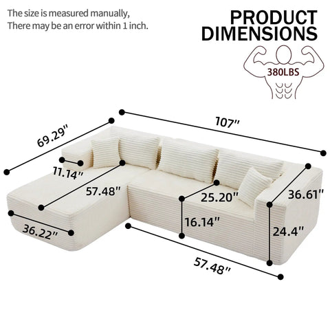 Dimensions of No Fuss 107 Inch Modular Sofa Set Of 2 With Left Facing Chaise, White Corduroy Fabric, showing measurements of each section