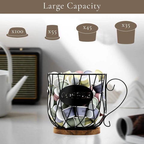 Go To Rustic Metal K Cup Pod Holder With Wooden Base Large Wire Basket Coffee Storage For Countertop Farmhouse Decor