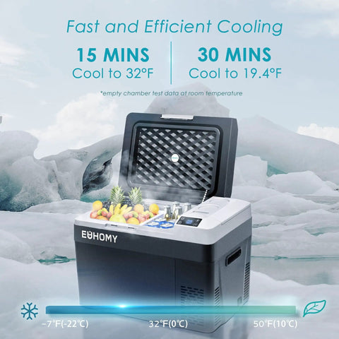 Portable 32 Quart 12 Volt Car Refrigerator And Electric Cooler Built Tough for Weekend Warriors with fruits inside.