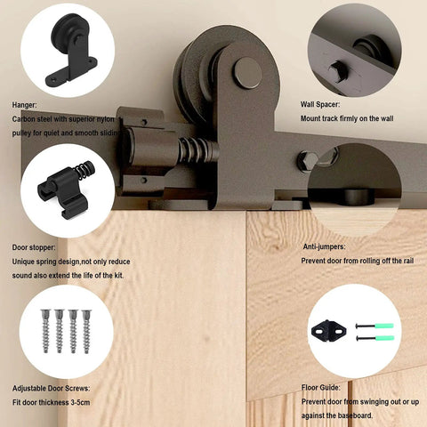 6-Foot Sliding Barn Door Hardware Kit parts for single wood door shown: hanger, wall spacer, door stopper, anti-jumper, screws, floor guide.