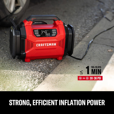 Dual Power Tire Inflator Portable Air Compressor With 12V Car Plug And 120V Home Use Up To 150 PSI Digital Gauge Auto Shut Off LED Light Handy Air Pump For Cars Bikes And Inflatables on pavement