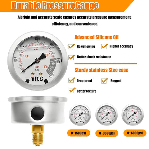 Pro Grade Hydraulic Accumulator Kit With Nitrogen Fill featuring durable pressure gauge with silicone oil and stainless steel case.