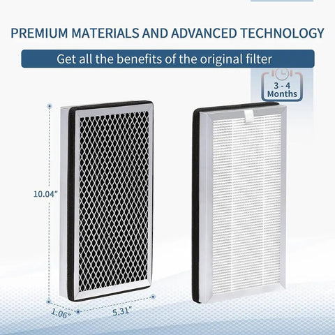 4 Pack Replacement Filter for MA Series Air Purifier 15W 15B 15S 3 In 1 H13 HEPA Filter showing dimensions and materials