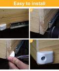 15 Piece Plastic Cabinet Drawer Slide Bumpers And Screws installation steps showing mounting on wooden drawer with screws.