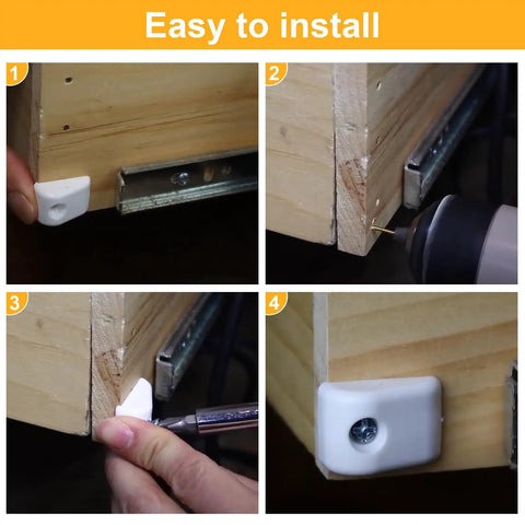 15 Piece Plastic Cabinet Drawer Slide Bumpers And Screws installation steps showing mounting on wooden drawer with screws.