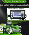 Digital readout for Precision Metal Lathe Benchtop Mini Machine with 0.005mm accuracy and LCD screen displaying measurements.