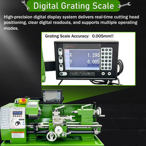 Digital readout for Precision Metal Lathe Benchtop Mini Machine with 0.005mm accuracy and LCD screen displaying measurements.