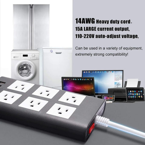 Ultra Flexible 10 Ft 15A Power Strip With Six Outlets And Four USB Ports, Heavy Duty Surge Protector On 14 AWG Cord