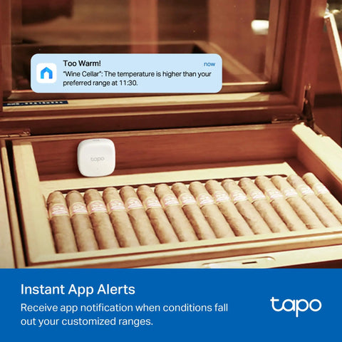 Smart Temp And Humidity Sensor T310 With Real-Time Alerts, requires Tapo Hub in a wine cellar cigar humidor