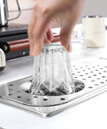 Person using Stainless Steel Glass Rinser For Sink With One Hand Operation Pitcher And Espresso Rinser Cup Washer Drain And Drip Tray.