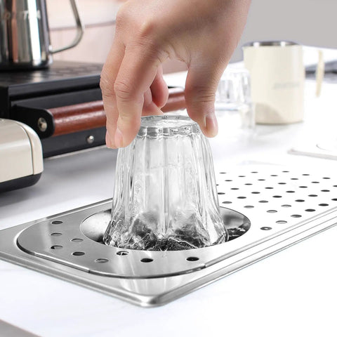 Person using Stainless Steel Glass Rinser For Sink With One Hand Operation Pitcher And Espresso Rinser Cup Washer Drain And Drip Tray.