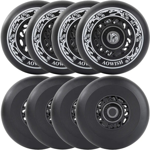 68Mm Inline Skate Wheels Set For Outdoor Asphalt, 90A Hardness With ABEC-9 Bearings And Floating Spacers, durable black color, pack of 8