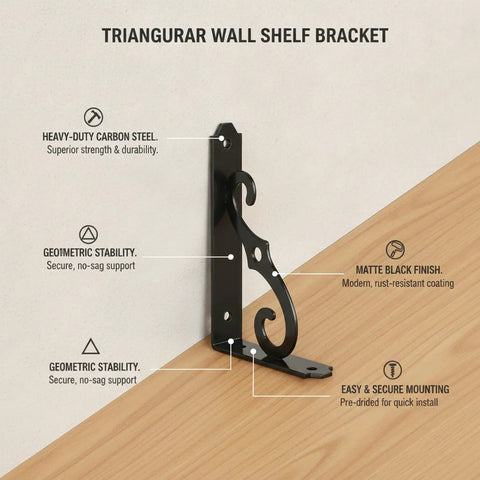 Beefy Triangular Carbon Steel Wall Shelf Bracket For Floating Shelves Matte Black Heavy Duty Mount on wooden surface