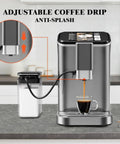 Pull The Perfect Shot With This Fully Automatic Espresso Machine Featuring Built In Grinder And Milk Frother Steam Wand For Smooth Daily Grinds And Top Shelf Sips Grey with adjustable coffee drip and glass cup.