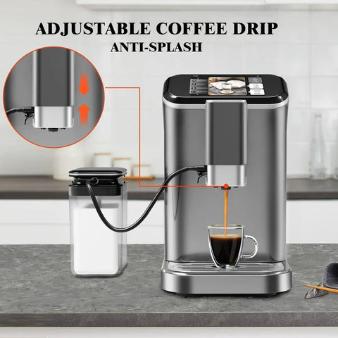 Pull The Perfect Shot With This Fully Automatic Espresso Machine Featuring Built In Grinder And Milk Frother Steam Wand For Smooth Daily Grinds And Top Shelf Sips Grey with adjustable coffee drip and glass cup.