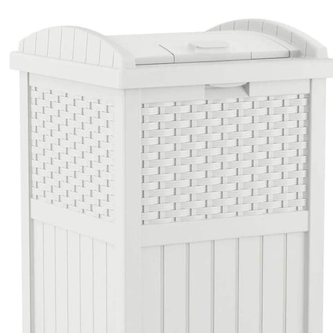 Hideaway Outdoor Trash Can With Lid 30 Gallon White Decorative Wicker Style Bin Made From Weather Resistant Resin That Hides Trash On The Patio Or Yard