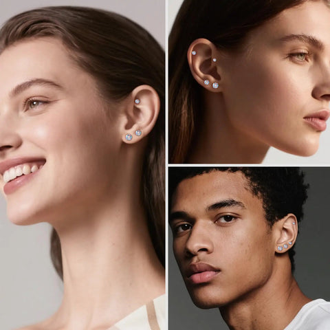 Legit Hella Comfortable Titanium Flat Back Screw On Stud Earrings For Men And Women in two models showcasing four pairs with cz stones.